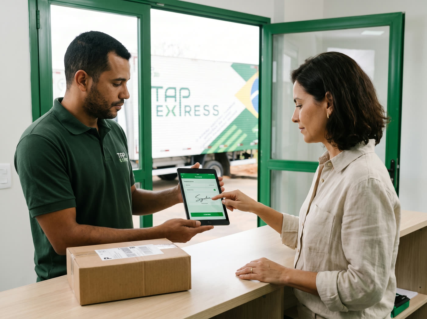 Cliente assinando o recebimento no tablet do motorista